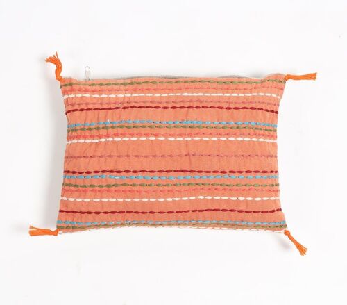 Striped & Tasseled Slub Coral Lumbar Cover, 12 x 8 inches