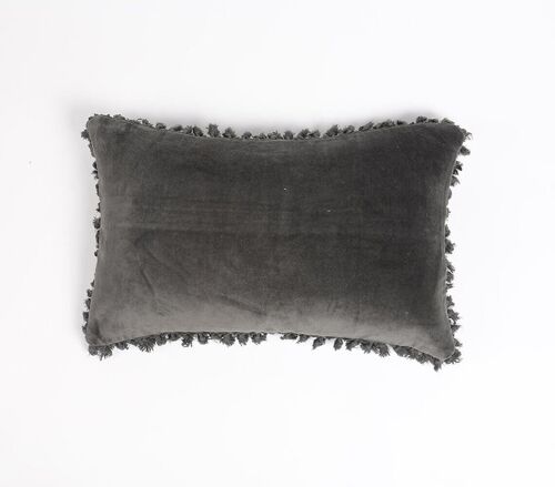 Solid Black Velvet Cotton Cushion Cover with Border Fringes, 20 x 12 inches