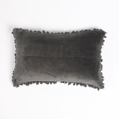Massiver schwarzer Samt-Baumwoll-Kissenbezug mit Randfransen, 20 x 12 Zoll