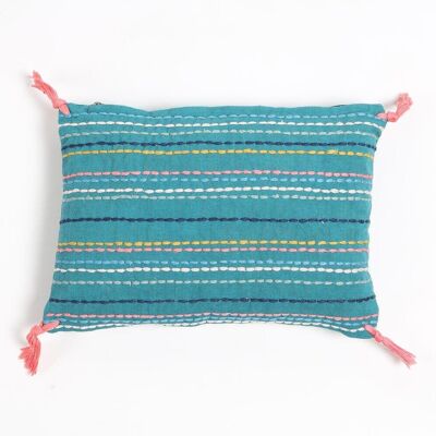 Striped & Tasseled Slub Teal Lumbar Cover, 12 x 8 inches