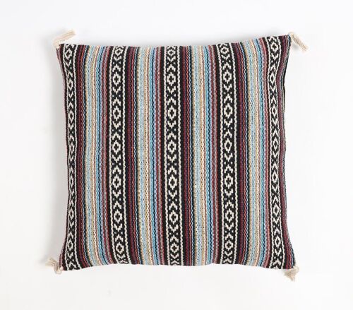 Jacquard Corduroy Striped Tasseled Cushion Cover, 18 x 18 inches