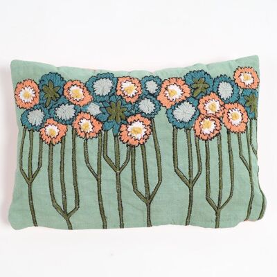 Floral embroidered Slub Turquoise Lumbar Cover, 11.5 x inches