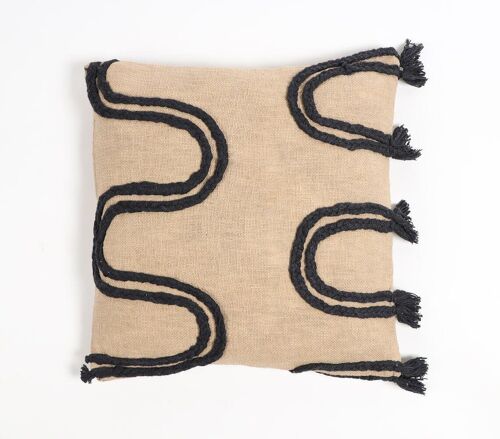 Handwoven Cotton Black Braided-Waves Cushion Cover, 18 x 18 inches