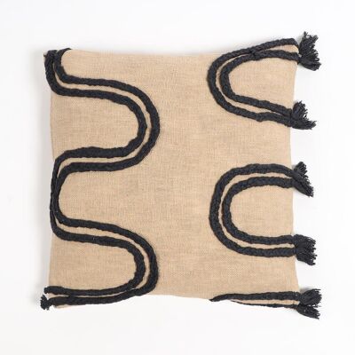 Handwoven Cotton Black Braided-Waves Cushion Cover, 18 x 18 inches