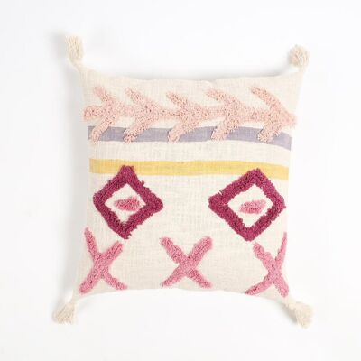 Hand Tufted Cotton Geometric Tasseled Cushion Cover, 18 x 18 inches