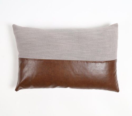 Hand Stitched Cotton & Leather Colorblock Lumbar Cushion Cover, 20 x 14 inches