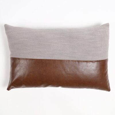 Hand Stitched Cotton & Leather Colorblock Lumbar Cushion Cover, 20 x 14 inches