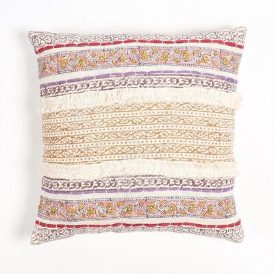 Block Printed Cotton Striped-Motifs Cushion Cover, 18 x 18 inches