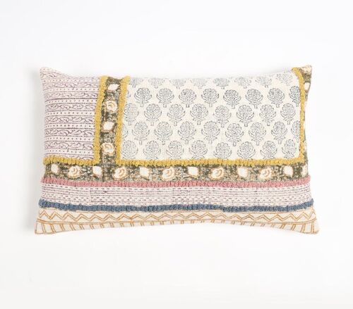 Block Printed Cotton Geometric-Floral Lumbar Cushion Cover, 20 x 14 inches
