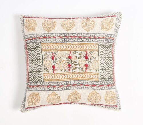 Block Printed Cotton Floral Cushion Cover, 18 x 18 inches