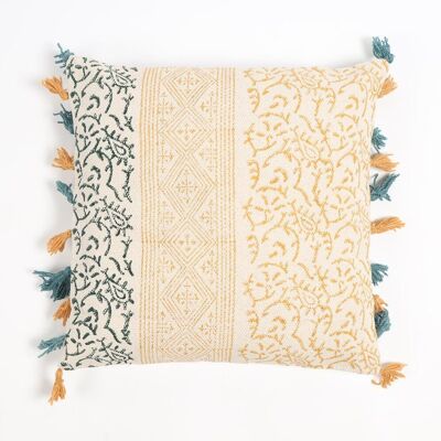 Block Printed Cotton Paisley-Geometric Tassel-Lined Cushion Cover, 18 x 18 inches