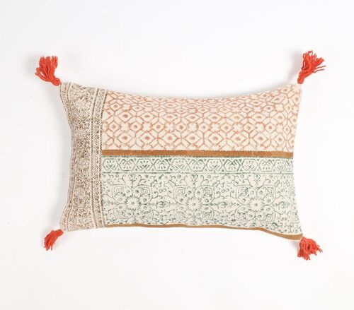 Block Printed Cotton Floral Tasseled Lumbar Cushion Cover, 20 x 14 inches