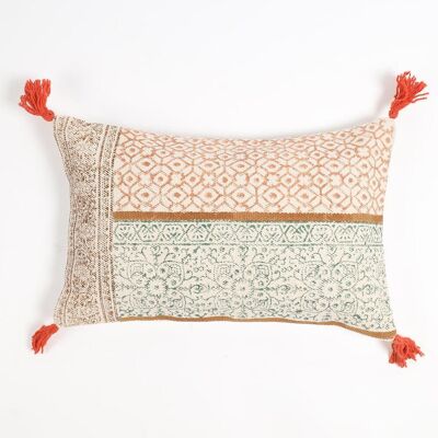 Block Printed Cotton Floral Tasseled Lumbar Cushion Cover, 20 x 14 inches