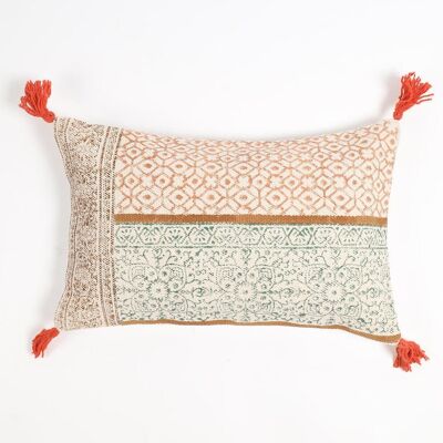 Housse de coussin lombaire à pompons floraux en coton imprimé en bloc, 20 x 14 pouces