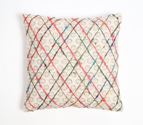Block Printed & Embroidered Cotton Geometric Cushion Cover, 18 x 18 inches