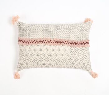 Housse de coussin lombaire à pompons en coton imprimé en bloc, 20 x 14 pouces 1