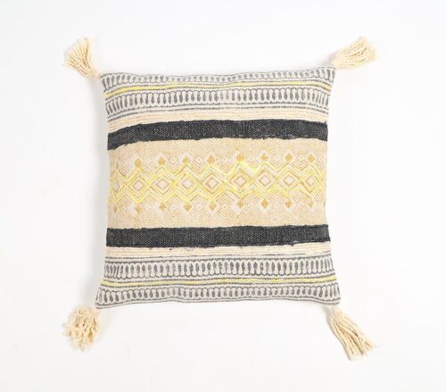 Block Printed Cotton Geometric-Tribal Tasseled Cushion Cover, 18 x 18 inches