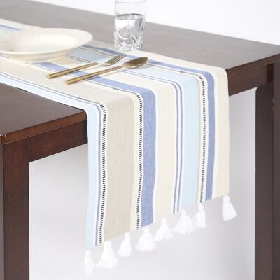 Camino de mesa de algodón en telar manual con borlas y rayas oceánicas