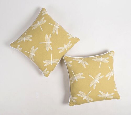 Set of 2 - Dragonfly Printed Handloom Cushion Covers , 18 x 18 inches