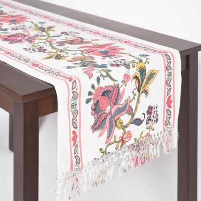 Camino de mesa de algodón con estampado floral y borlas
