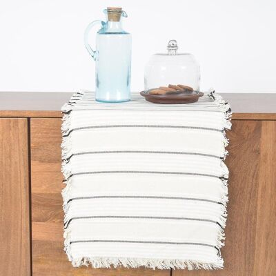 Pinstriped Cotton Table Runner with Frayed Border