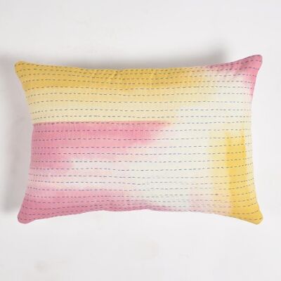 Summer Watercolor Cotton Cushion Cover with Line Embroidery, 20 x 14 inches