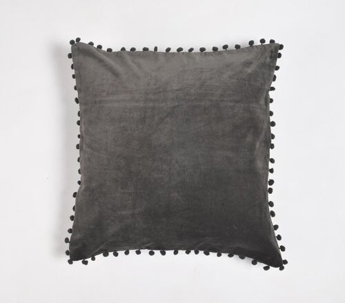 Solid Charcoal Cotton Cushion Cover with Embellished Border, 18 x 18 inches