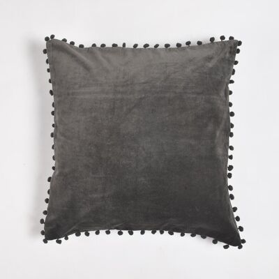 Housse de coussin en coton anthracite massif avec bordure ornée, 18 x 18 pouces