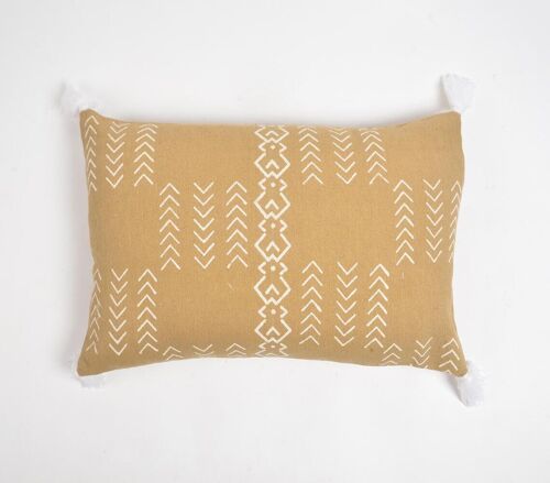 Tribal Signs Monochrome Tasseled Cotton Lumbar Cushion Cover, 14 x 20 inches