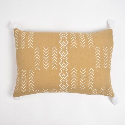 Tribal Signs Monochrome Tasseled Cotton Lumbar Cushion Cover, 14 x 20 inches