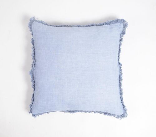 Solid Cotton Linen Powder Blue Cushion Cover with Frayed Edges, 18 x 18 inches