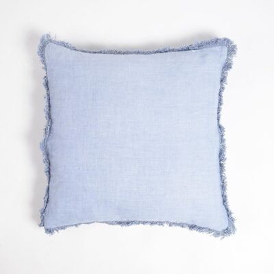 Federa per cuscino in cotone lino tinta unita blu polvere con bordi sfrangiati, 18 x 18 pollici