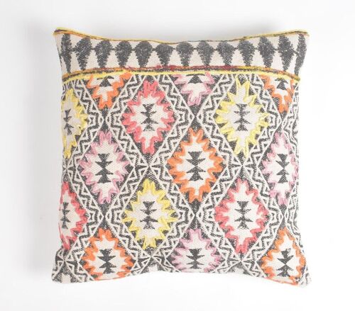 Block Printed & Embroidered Geometric Cushion Cover, 18 x 18 inches