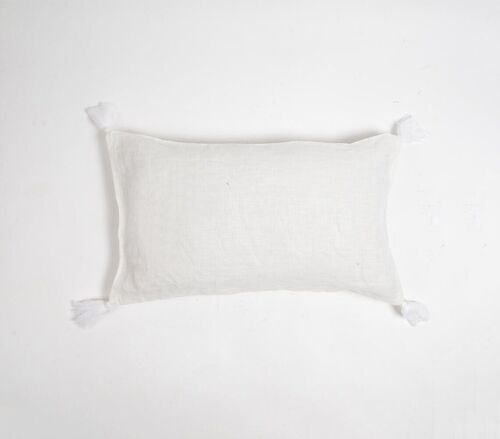 Dyed Monotone White Cotton Lumbar Tasseled Cushion Cover, 14 x 20 inches