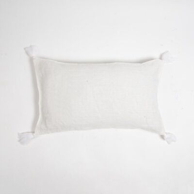 Dyed Monotone White Cotton Lumbar Tasseled Cushion Cover, 14 x 20 inches