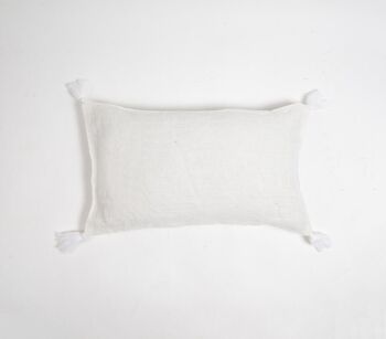 Housse de coussin lombaire à pompons en coton blanc teint monotone, 14 x 20 pouces 1