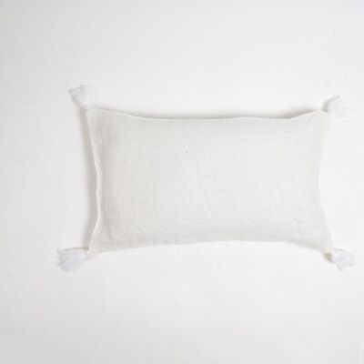 Dyed Monotone White Cotton Lumbar Tasseled Cushion Cover, 14 x 20 inches