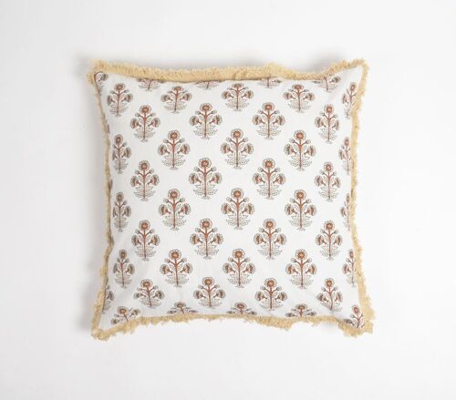 Block Printed Floral Cotton Fringed Cushion Cover, 18 x 18 inches