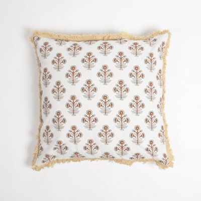 Block Printed Floral Cotton Fringed Cushion Cover, 18 x 18 inches