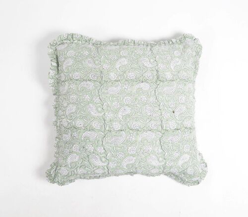 Paisley Block Printed Cushion Cover with Frilled Border, 18 x 18 inches