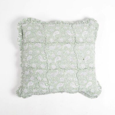 Paisley Block Printed Cushion Cover with Frilled Border, 18 x 18 inches