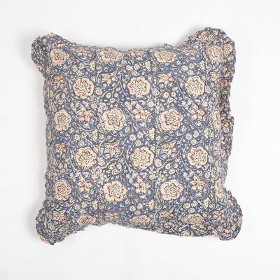 Fodera per cuscino in cotone floreale stampato a blocchi con bordi arricciati, 18 x 18 pollici