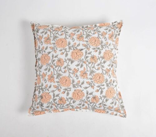 Peach Floral Block Printed Cushion Cover, 18 x 18 inches
