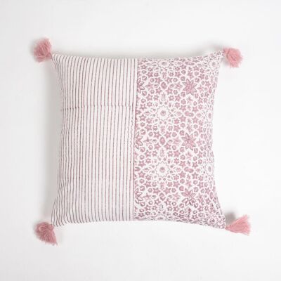 Floral & Striped Block Tasseled Cotton Cushion Cover, 18 x 18 inches