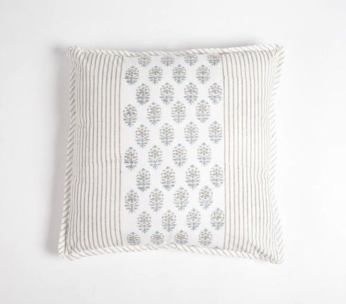 Classic panelled Block Printed Cotton Cushion Cover, 18 x 18 inches