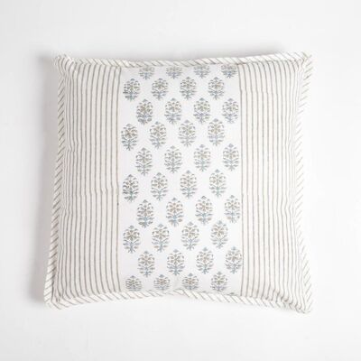 Classic Paneled Block Printed Cotton Cushion Cover, 18 x 18 inches