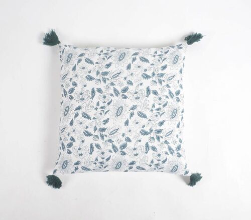 Block Printed Navy Floral Tasseled Cushion Cover, 18 x 18 inches