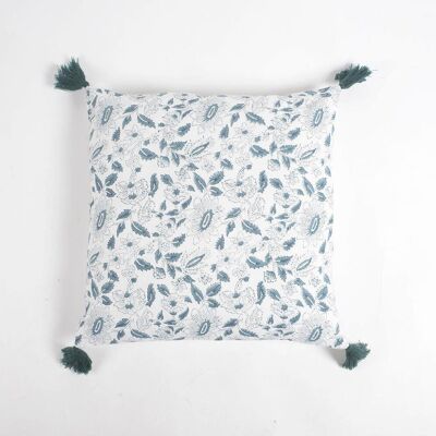 Block Printed Navy Floral Tasseled Cushion Cover, 18 x 18 inches