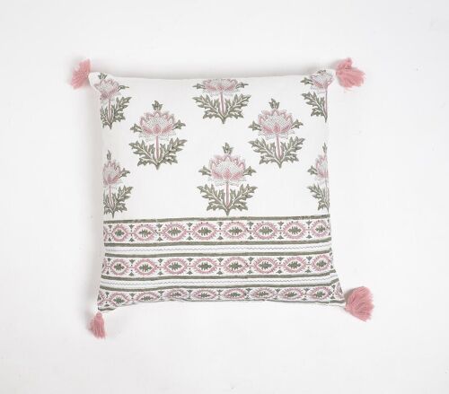Striped & Floral Cotton Tasseled Cushion Cover, 18 x 18 inches