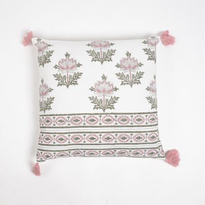 Striped & Floral Cotton Tasseled Cushion Cover, 18 x 18 inches
